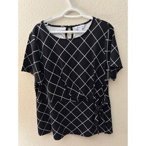 Liz Claiborne Womens XL Black White Windowpane Wrap Front Peplum Top A1057